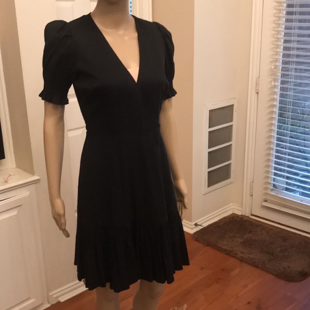 Antonio Melani  Black  Linen Surplice V-Neck Short Puff Sleeve Wrap Tie Dress